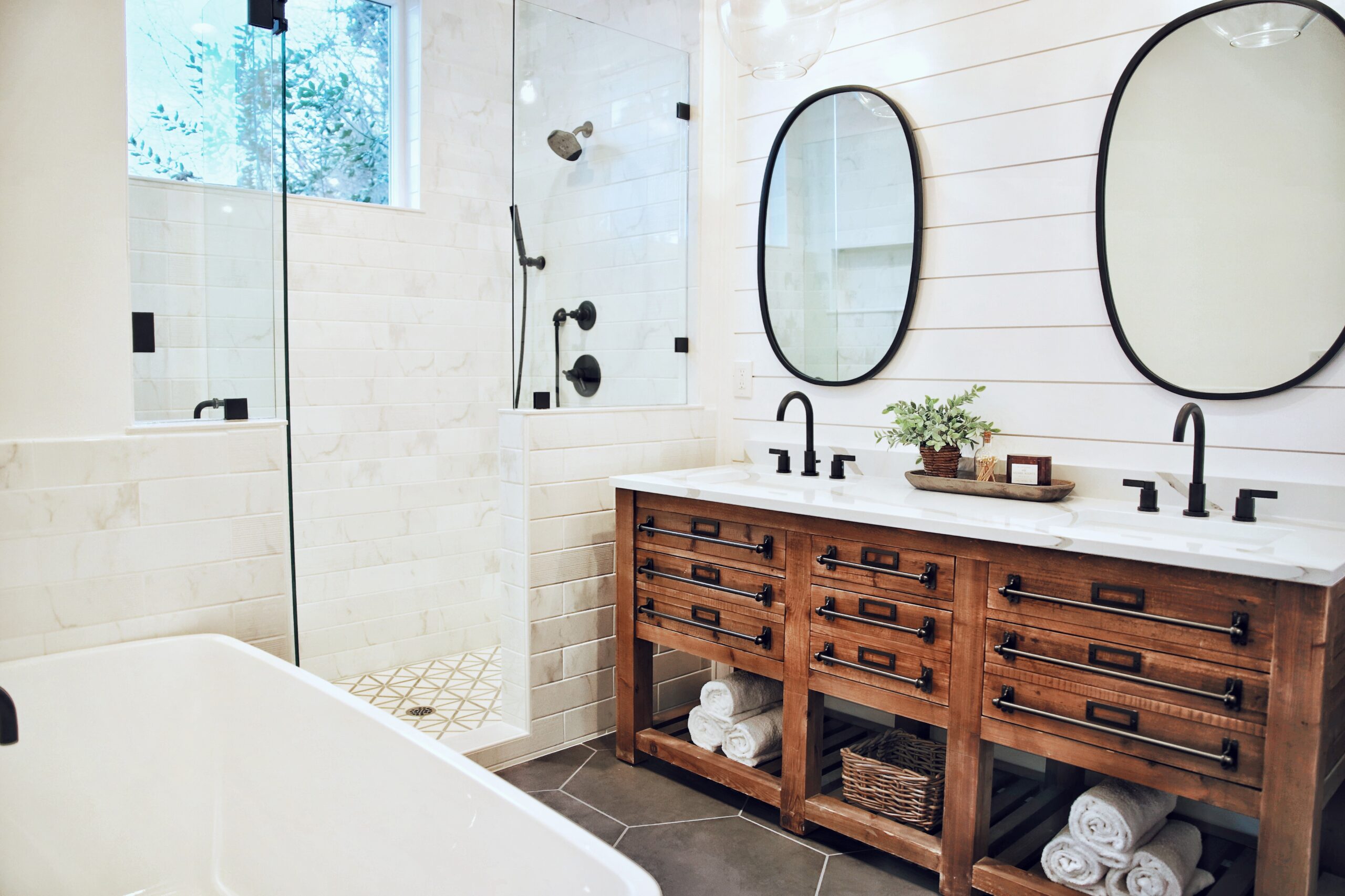 beautiful farmhouse bathroom white brick and wood