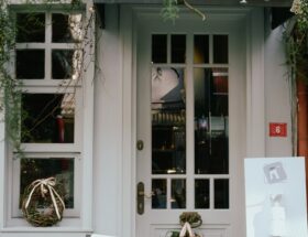 front of a flowery antique store