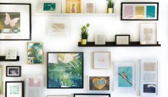 living room gallery wall with shelves