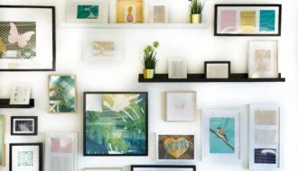 living room gallery wall with shelves