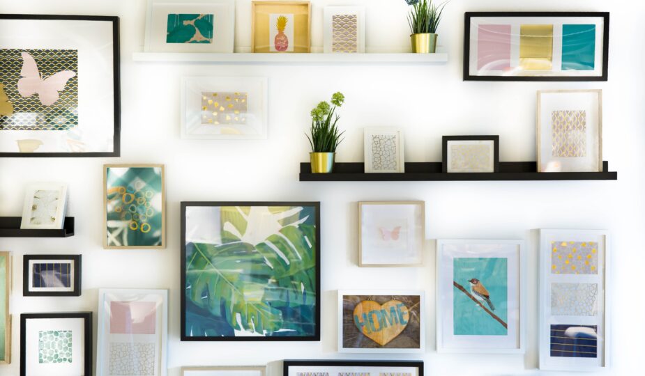living room gallery wall with shelves