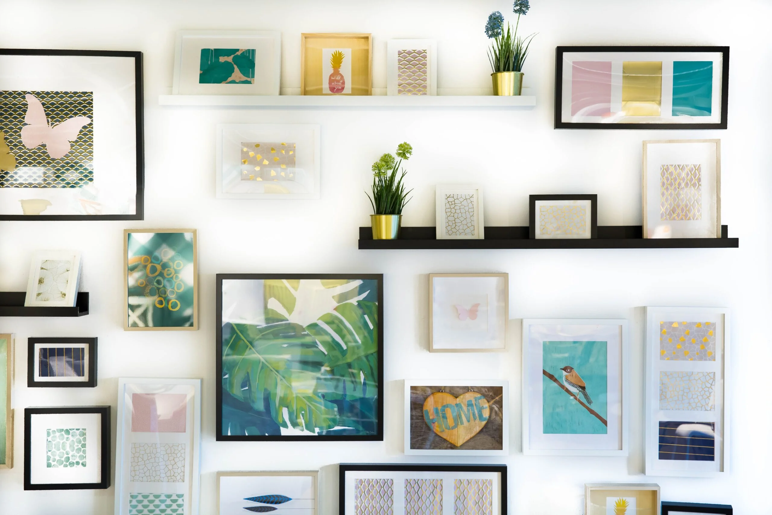 living room gallery wall with shelves